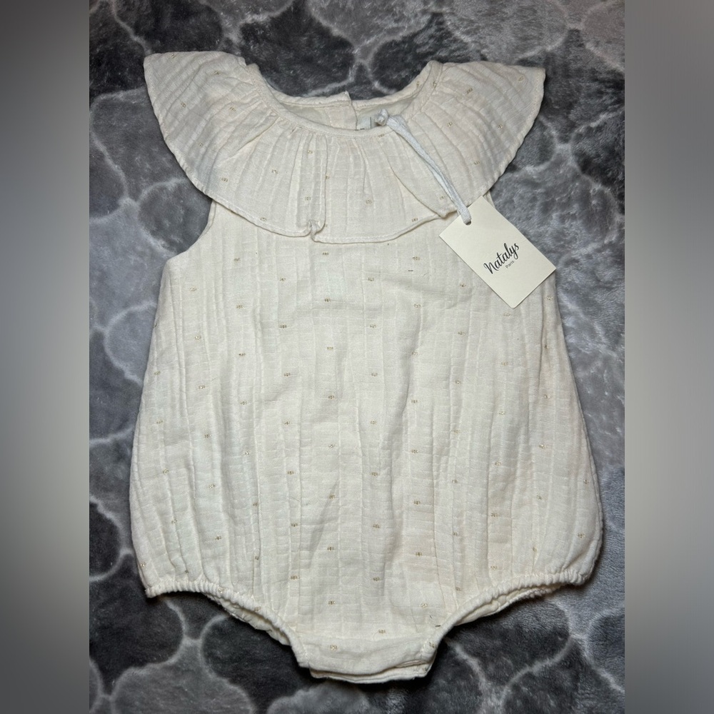 NWT NATALYS PARIS Unbleached Lurex Polka Dot Romper- Ivory/ Size 9M
